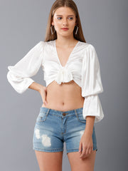 Balloon Sleeves Tie-Up Satin Crop Top