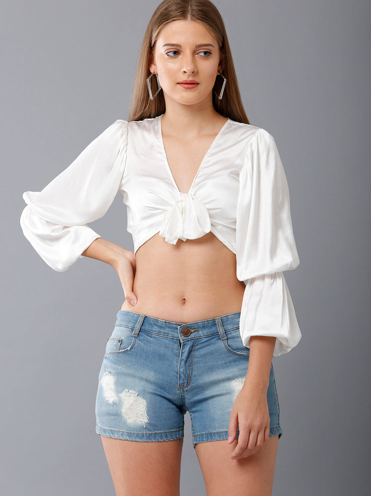 Balloon Sleeves Tie-Up Satin Crop Top