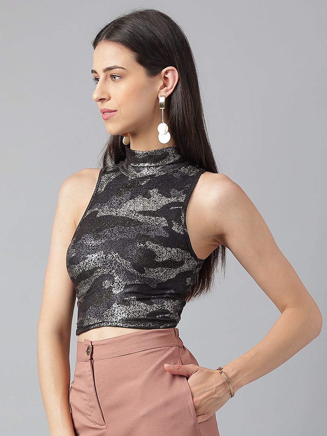 High Neck Racor Back Camo Crop Top