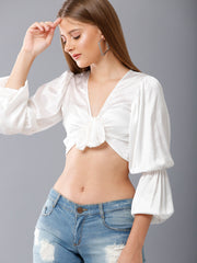 Balloon Sleeves Tie-Up Satin Crop Top