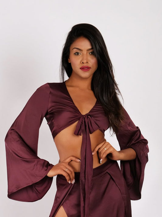 Tie Up Pure Satin Crop Top - Wine