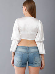 Balloon Sleeves Tie-Up Satin Crop Top