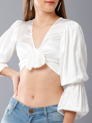 Balloon Sleeves Tie-Up Satin Crop Top