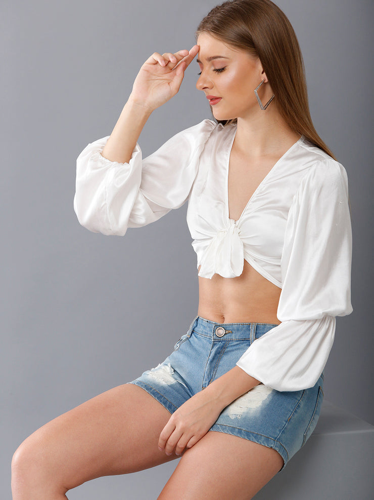 Balloon Sleeves Tie-Up Satin Crop Top