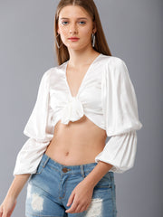 Balloon Sleeves Tie-Up Satin Crop Top