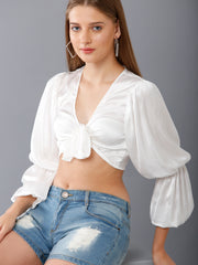 Balloon Sleeves Tie-Up Satin Crop Top